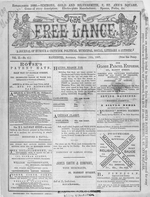 Front page of The Free Lance Oct 26 1867 001.jpg